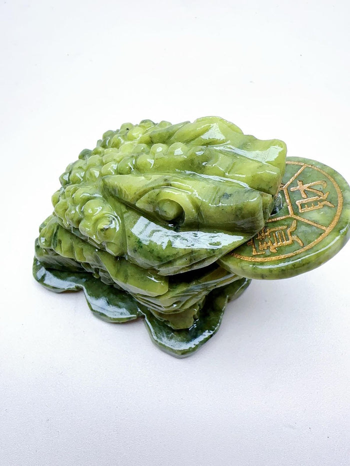 Handmade Carving of Frog With Coin In Jade Stone: Enhancing Home Harmony and Spiritual Protection - Shwasam