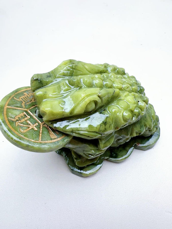 Handmade Carving of Frog With Coin In Jade Stone: Enhancing Home Harmony and Spiritual Protection - Shwasam