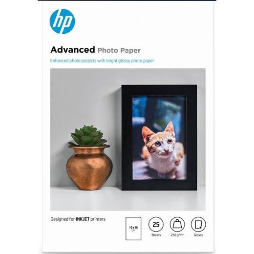 HP 10 x 15 cm Borderless Advanced Glossy Photo Paper - 25 Sheets Q8691A