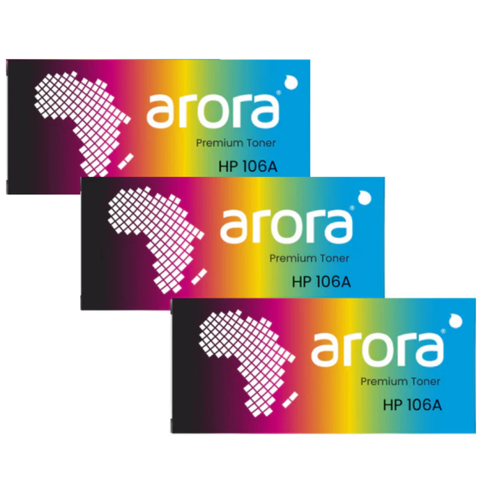 Three arora Premium Toner HP 106A packages on a white background