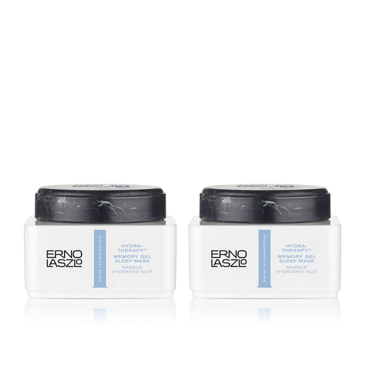 Memory gel sleep mask duo: two white jars with dark gray lids