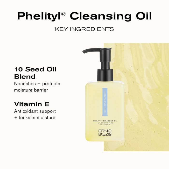 Phelityl Cleansing Oil Key Ingredients 
10 Seed Oil Blend nourishes + protects moisture barrier
Vitamin E antioxidant support + locks in moisture