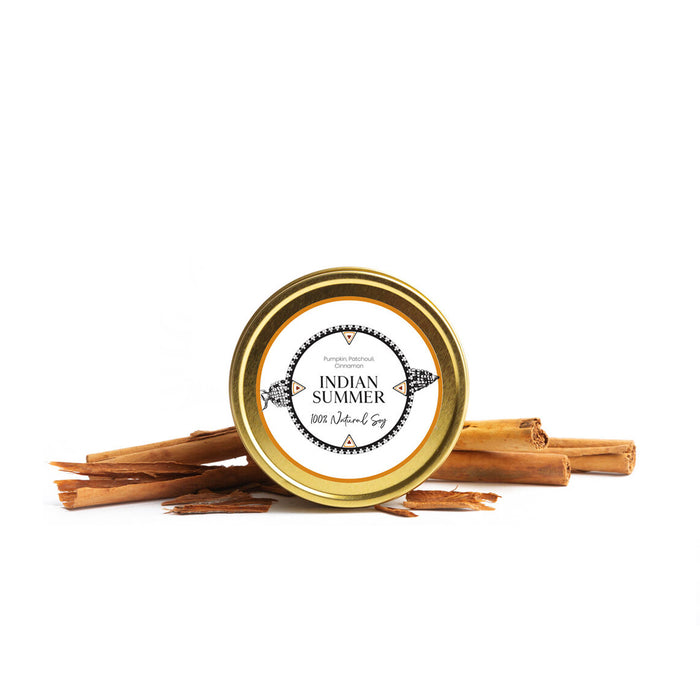LODGE's 8oz travel tin candle in the scent Indian Summer.