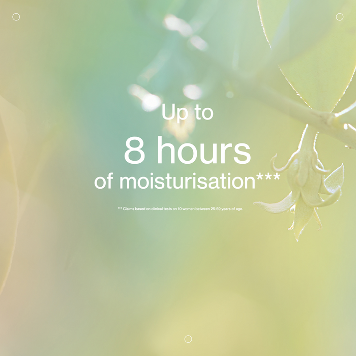 Product packaging with text 'Up to 8 hours of moisturisation' on a blurred background