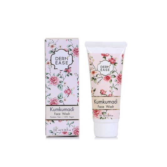 Derm Ease Kumkumadi Face Wash with floral design on packaging and tube.