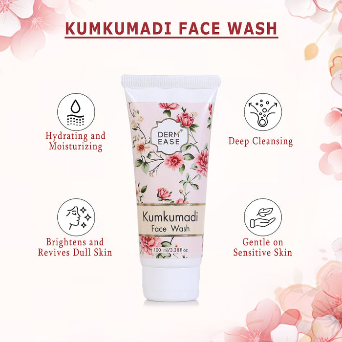 Kumkumadi Face Wash tube with floral design on a white background with pink flowers.