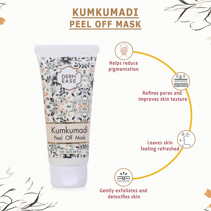Kumkumadi peel off mask tube with benefits on a white background
