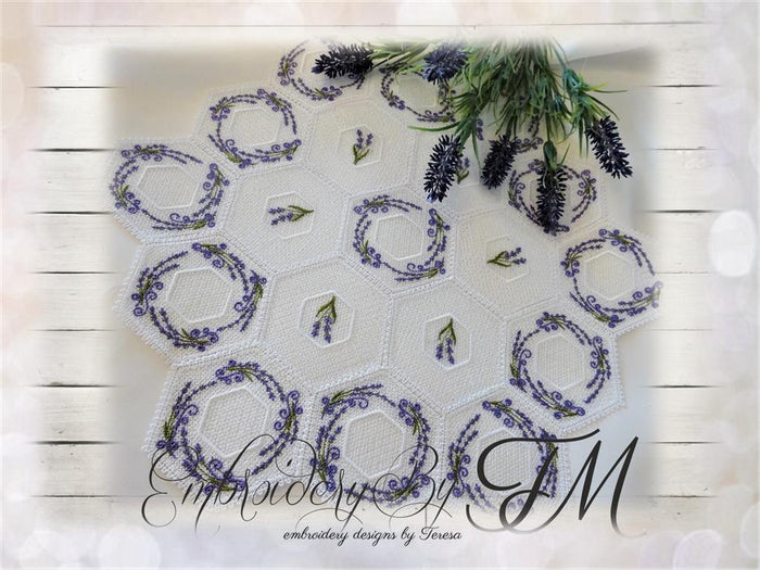 Lace table runner with Lavender/ 4x4 hoop