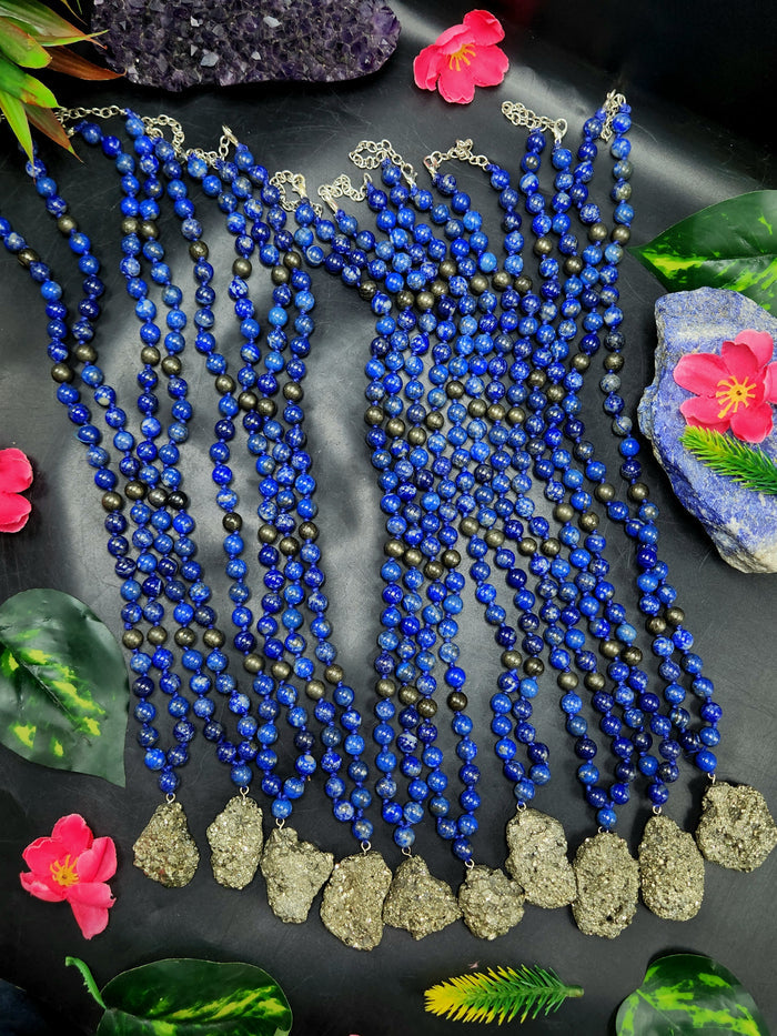 Lapis Lazuli and Pyrite 8mm Bead Mala with Pyrite Rough Pendant | Gemstone Necklace | Birthday Gift | ONE PIECE ONLY - Shwasam