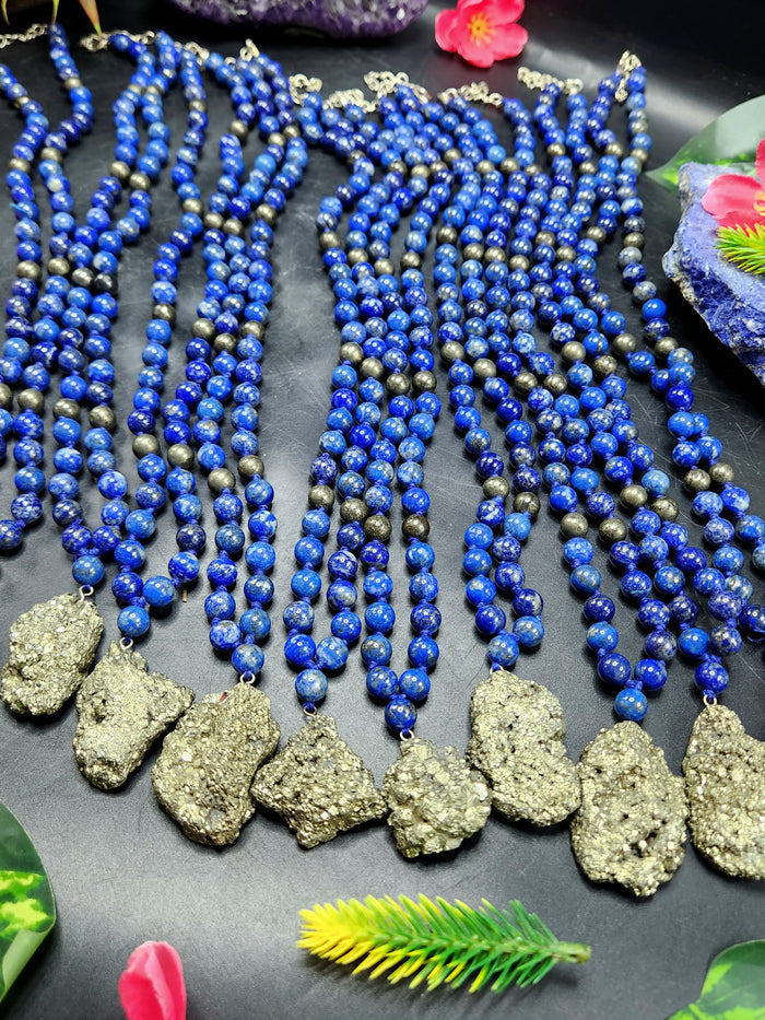 Lapis Lazuli and Pyrite 8mm Bead Mala with Pyrite Rough Pendant | Gemstone Necklace | Birthday Gift | ONE PIECE ONLY - Shwasam