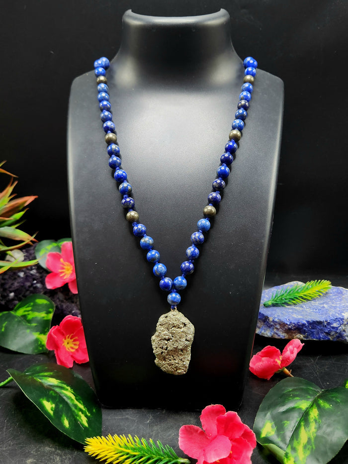 Lapis Lazuli and Pyrite 8mm Bead Mala with Pyrite Rough Pendant | Gemstone Necklace | Birthday Gift | ONE PIECE ONLY - Shwasam