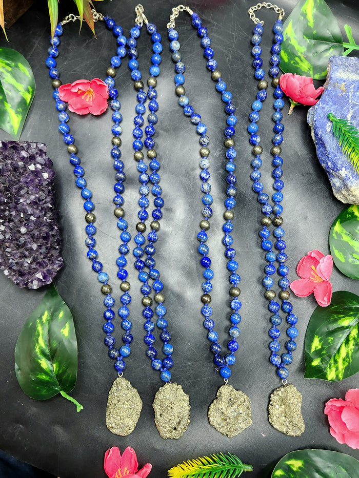 Lapis Lazuli and Pyrite 8mm Bead Mala with Pyrite Rough Pendant | Gemstone Necklace | Birthday Gift | ONE PIECE ONLY - Shwasam