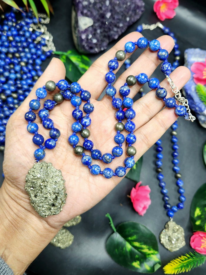 Lapis Lazuli and Pyrite 8mm Bead Mala with Pyrite Rough Pendant | Gemstone Necklace | Birthday Gift | ONE PIECE ONLY - Shwasam