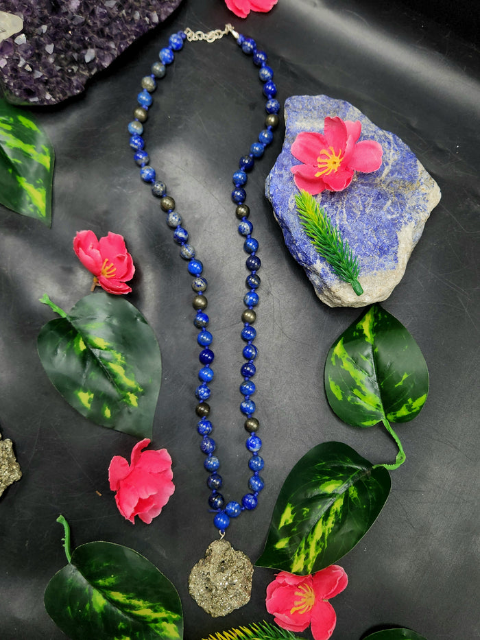 Lapis Lazuli and Pyrite 8mm Bead Mala with Pyrite Rough Pendant | Gemstone Necklace | Birthday Gift | ONE PIECE ONLY - Shwasam