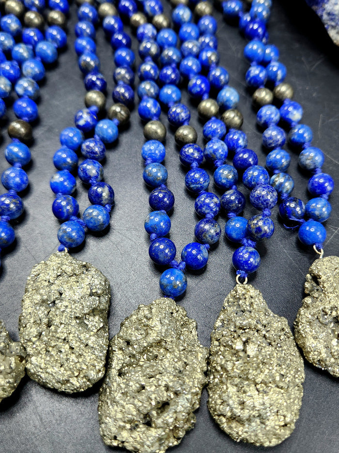 Lapis Lazuli and Pyrite 8mm Bead Mala with Pyrite Rough Pendant | Gemstone Necklace | Birthday Gift | ONE PIECE ONLY - Shwasam
