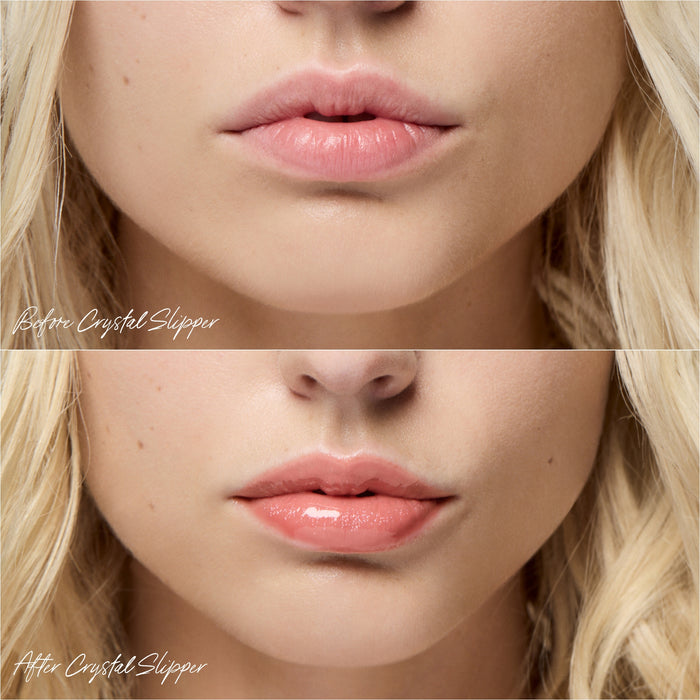 RMS Beauty-Legendary Lip Oil-Makeup-810170760206-LP09-CRYSTAL-SLIPPER-LIP-OIL-BEFORE-AFTER-2000X2000-The Detox Market | Crystal Slipper - Sunkissed pink-buff with a soft golden glow