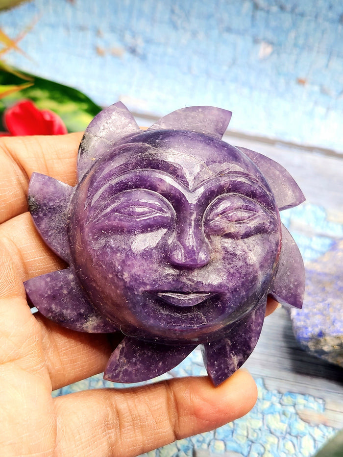 Lepidolite Sun face - natural stone hand carving  - crystal/reiki/chakra/healing - 3 inches diameter and 155 gms weight