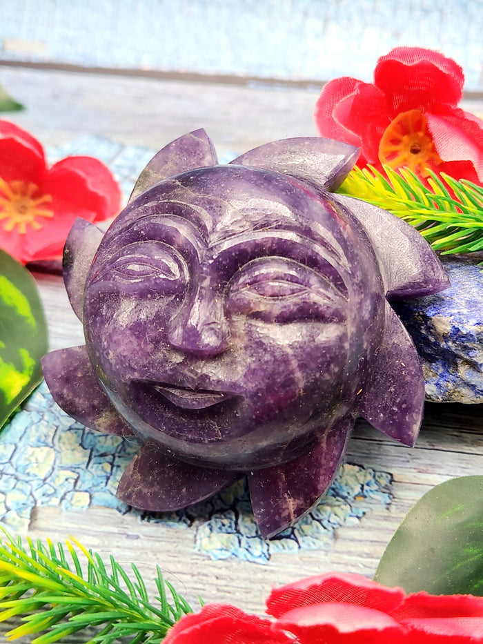 Lepidolite Sun face - natural stone hand carving  - crystal/reiki/chakra/healing - 3 inches diameter and 155 gms weight