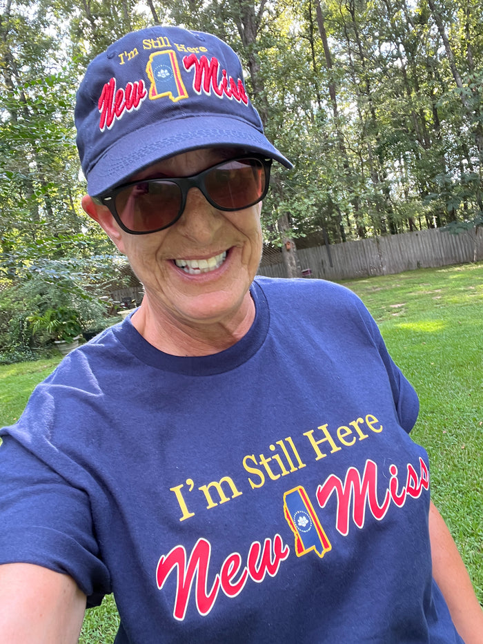 Limited Edition short sleeve Navy T-shirt  featuring " I'm Still Here"   with New Miss and State cutout.
