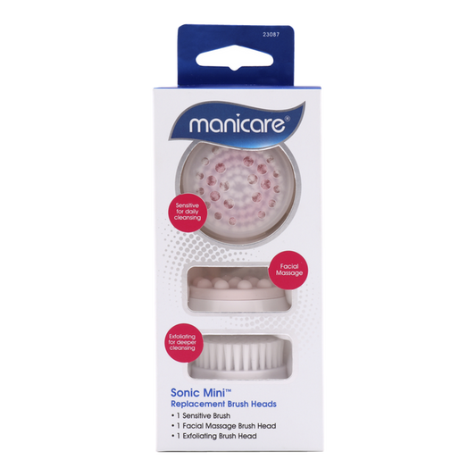 Manicare Sonic Mini replacement brush heads 3pk including cleansing, exfoliating, and massage heads for smooth, radiant skin