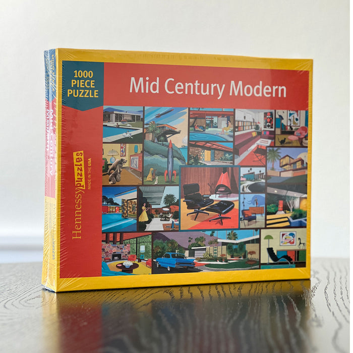 Jigsaw puzzle box titled 'Mid Century Modern' with colorful illustrations on a white background
