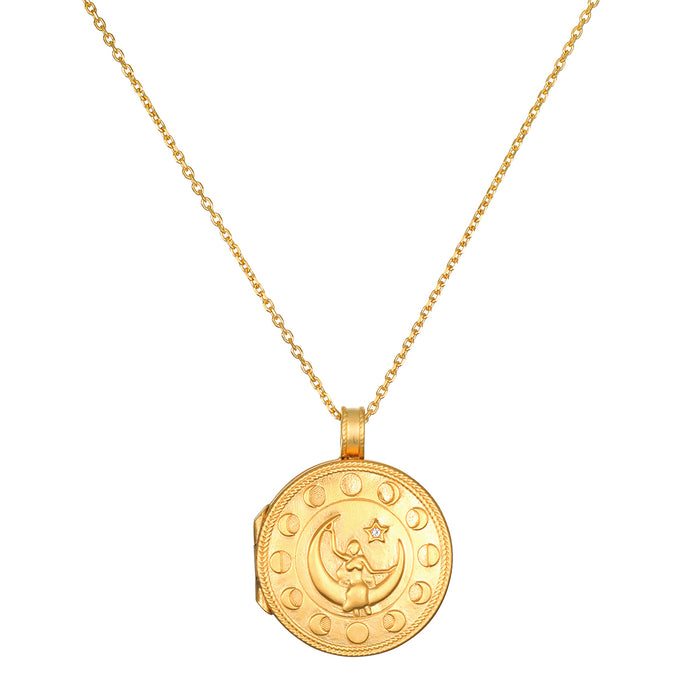 Mother Moon Gold Locket Necklace featuring a crescent moon design, symbolizing nourishment and protection, ideal for spiritual jewelry enthusiasts and those seeking meaning in their talismans for meditation and manifestation.