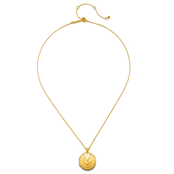 Elegant Mother Moon Gold Locket Necklace featured alone, highlighting its intricate design and spiritual significance, perfect as a talisman for manifestation and reflection on the sun and moon energies.