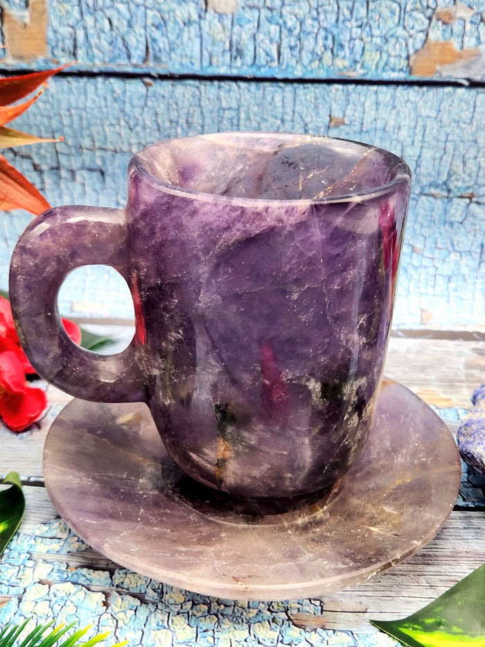 Natural Amethyst crystal Cup & Saucer - ONLY 1 Cup and 1 Saucer - Shwasam