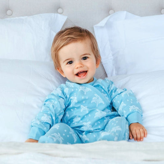 100% Organic Cotton Crossover Baby Sleepsuit with Feet - Aquatic Blue