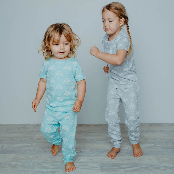 100% Organic Cotton Summer T-Shirt and Long-Leg Pyjama Set - Palms & Pineapples in Island Water Green