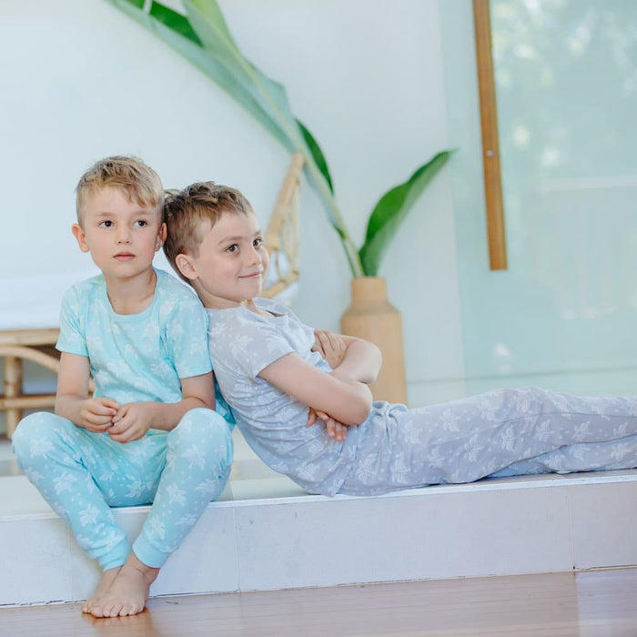 100% Organic Cotton Summer T-Shirt and Long-Leg Pyjama Set - Palms & Pineapples in Island Water Green