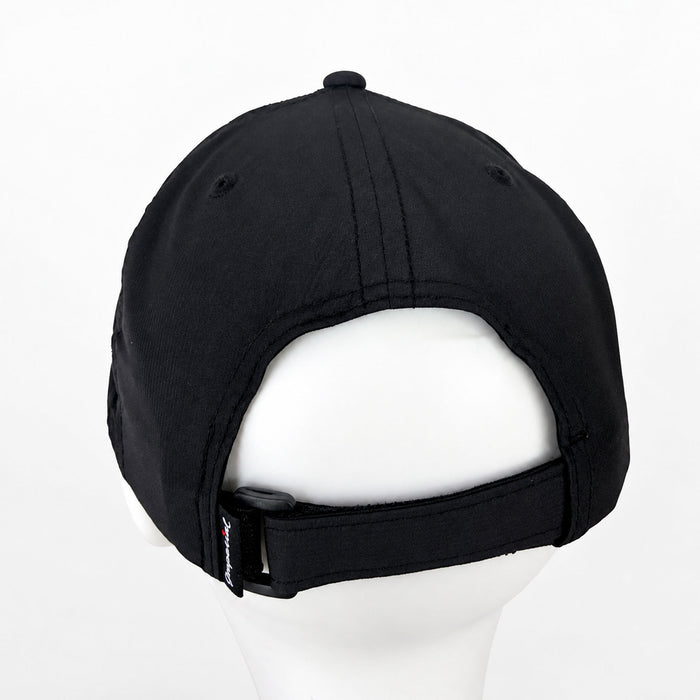 Rear view of a black baseball cap displayed on a white mannequin head against a plain white background.