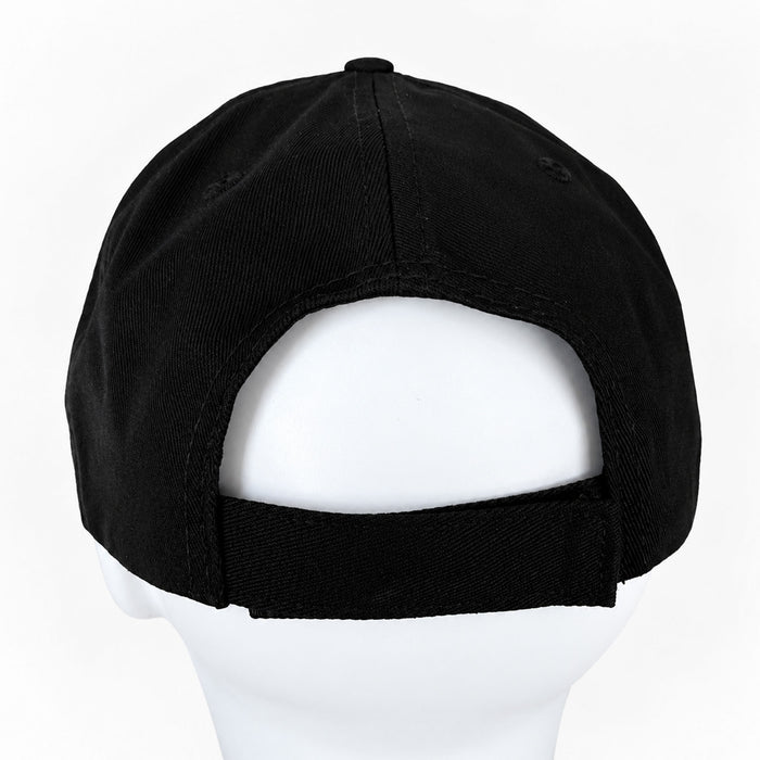 Black baseball cap shown from the back on a white mannequin head against a white background.