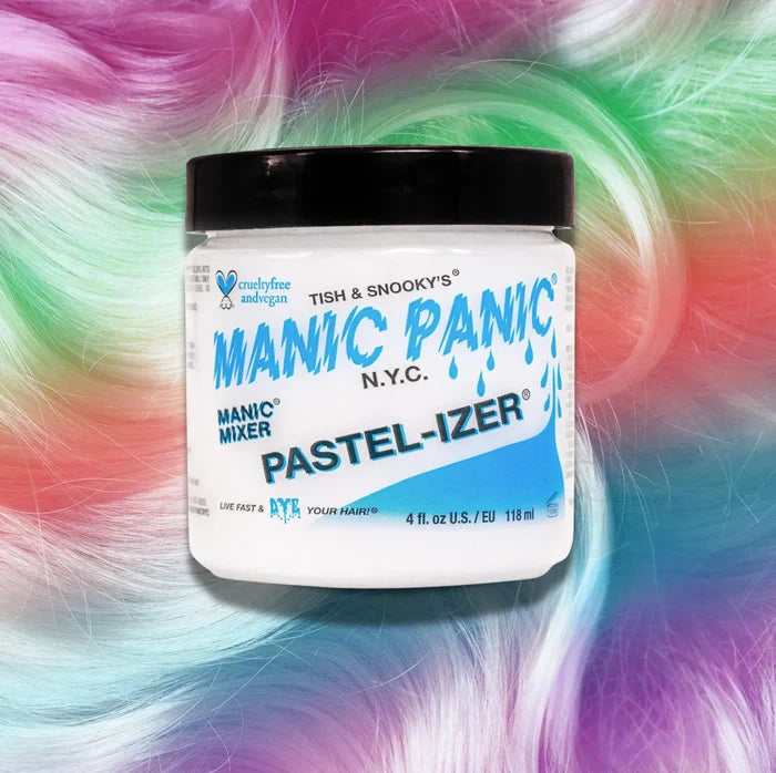 Manic Panic Classic High Voltage semi-permanent hair dye in shade Pastel-izer Mixer a vibrant, vegan hair color. Image shows a jar of Pastel-izer Mixer hair dye placed on top of a wavy pastel-izer mixer pink, green, peach, blue, purple hair swatch.