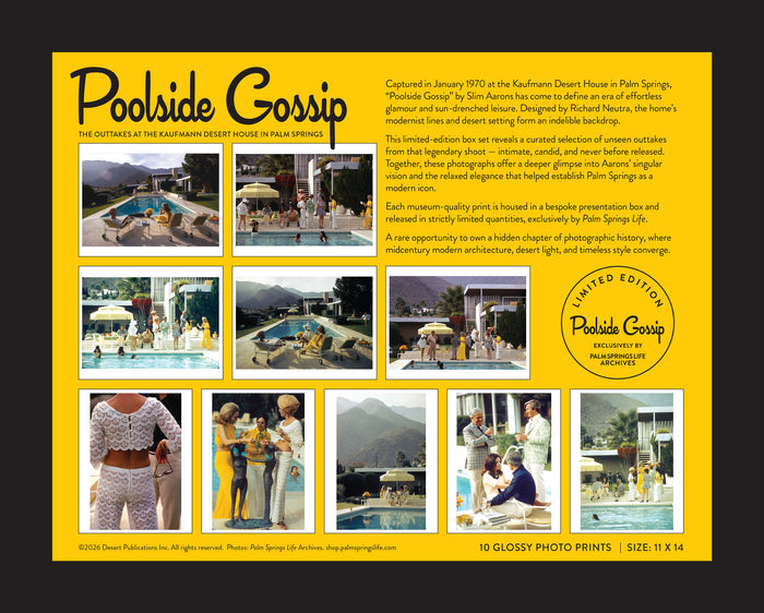 Promotional image for 'Poolside Gossip' with poolside scenes and text on a yellow background