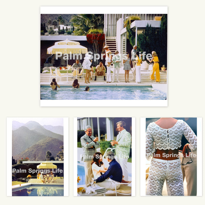 Vintage-style advertisement for Palm Springs Life magazine with people by a pool and scenic views.