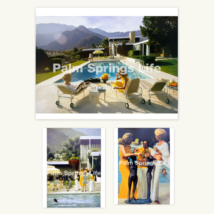 Collection of images from Palm Springs Life featuring people by a pool and outdoor scenes.