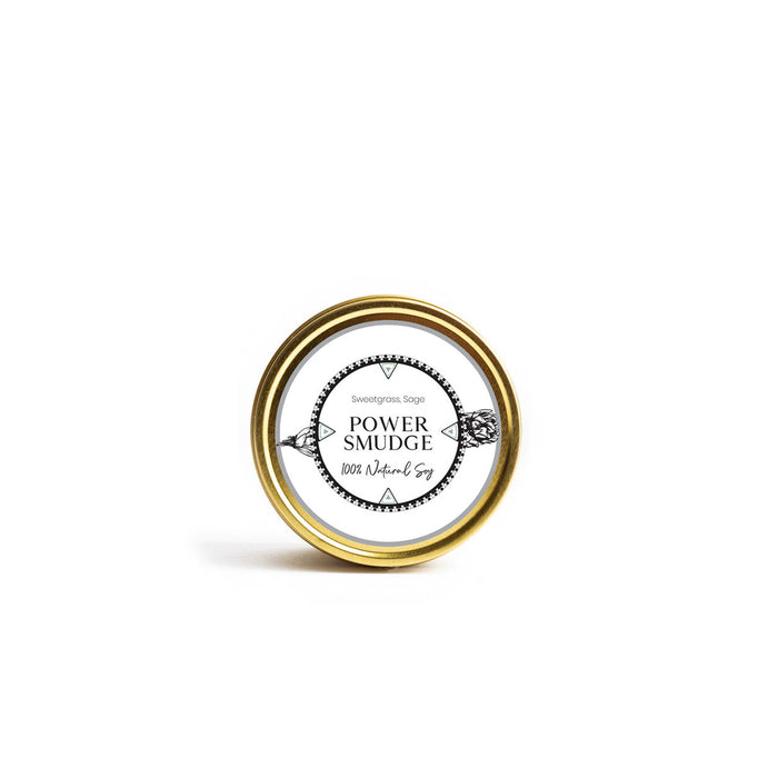 LODGE's 8oz travel tin candle in the scent Power Smudge.