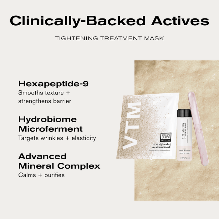 Clinically-Backed Actives
Tightening Treatment Mask

Hexapeptide-9 smooths texture + strengthens barrier
Hydrobiome Microferment targets wrinkles + elasticity
Advanced Mineral Complex calms + purifies
