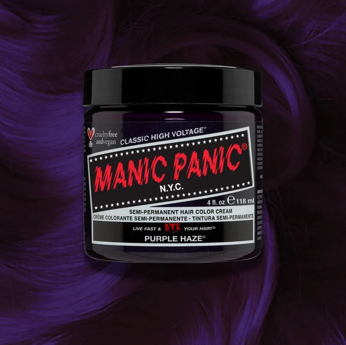 Manic Panic Classic High Voltage semi-permanent hair dye in shade Purple Haze a vibrant, vegan hair color. Image shows a jar of Purple Haze hair dye placed on top of a wavy purple haze hair swatch.