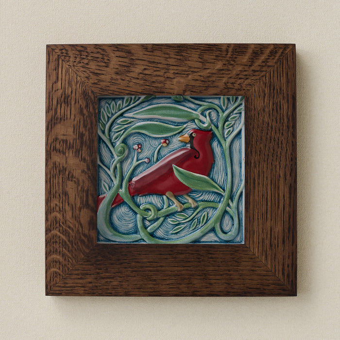 Rookwood Winterberry Blue Jay revival bird art tile in a dark walnut wood frame