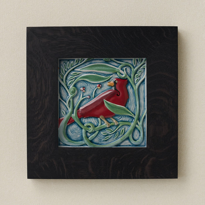 Rookwood Winterberry Cardinal revival bird art tile in a black ebony wood frame