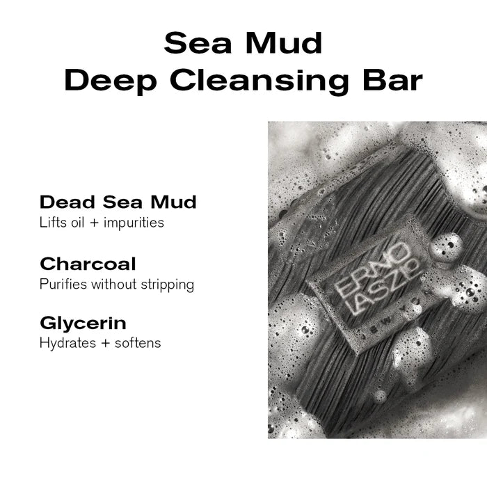 A product information graphic for the ERNO LASZO Sea Mud Deep Cleansing Bar. The left side lists key ingredients and benefits: Dead Sea Mud, Charcoal, and Glycerin.