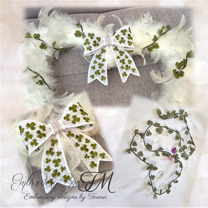Set Bow and Garland with three-leaf clover/ 5x7 hoop