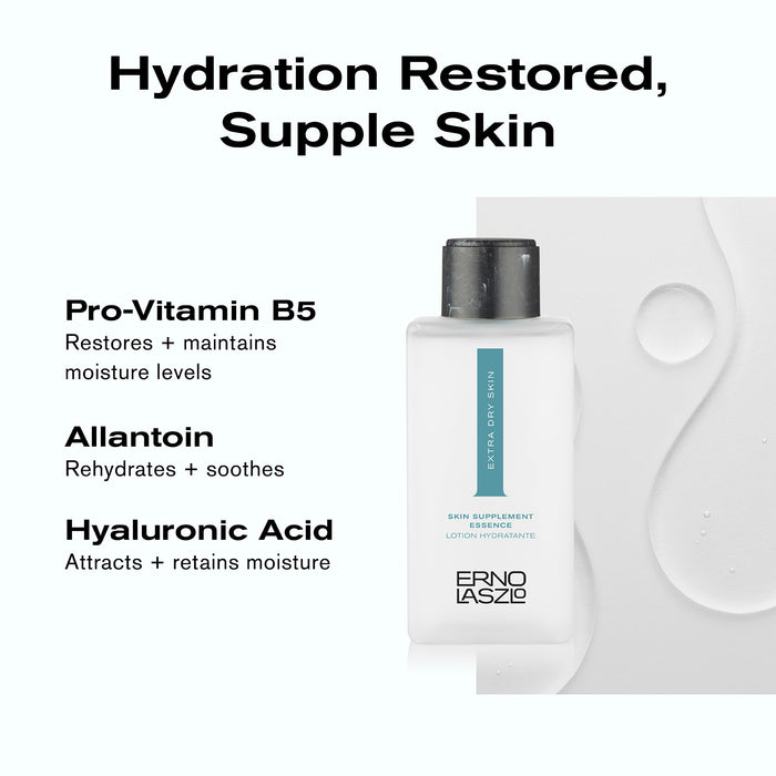 Hydration Restored, Supple Skin
Pro-Vitamin B5 restores + maintains moisture levels
Allantoin rehydrates + soothes
Hyaluronic Acid attracts + retains moisture