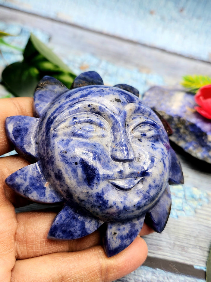 Sodalite natural stone hand carving of Sun - crystal/reiki/chakra/healing - 3.5 inches diameter and 165 gms weight