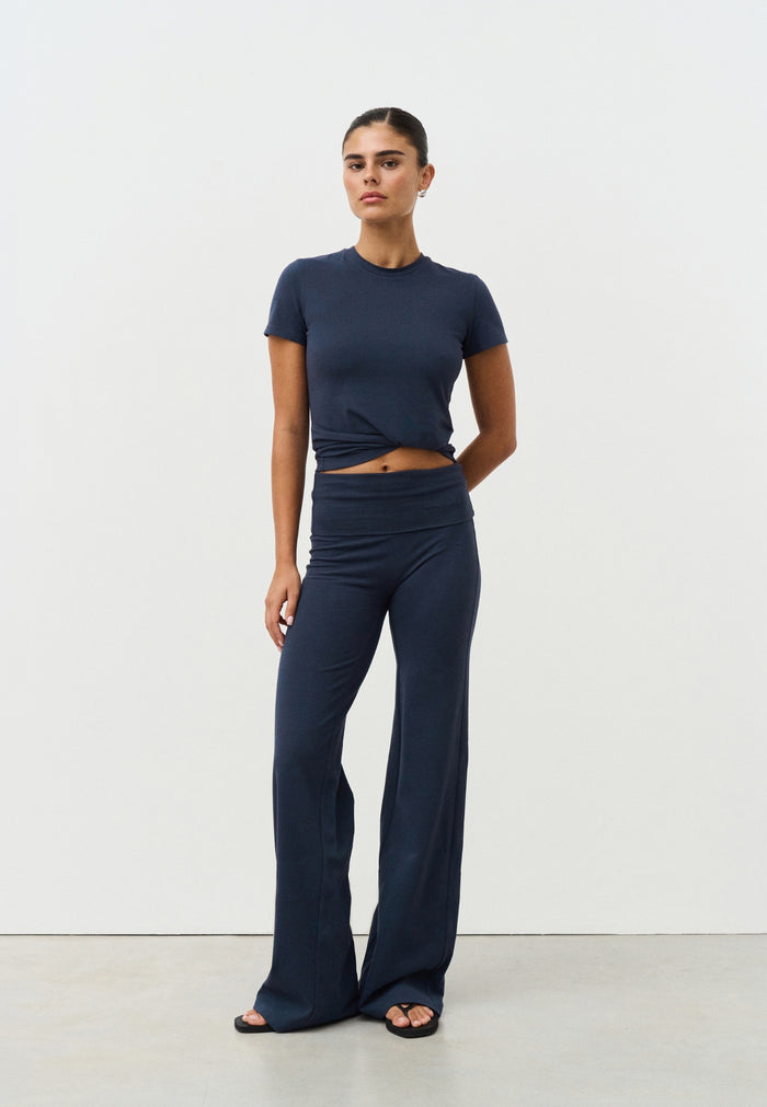 Soft Cotton Foldover Pants  - Navy