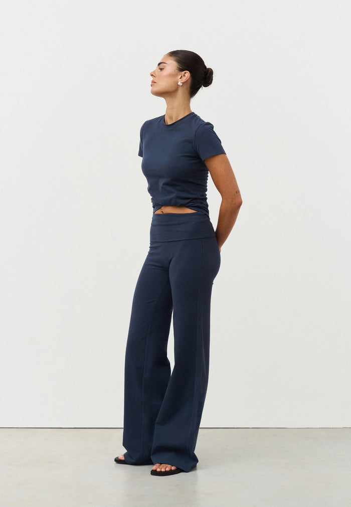 Soft Cotton Foldover Pants  - Navy