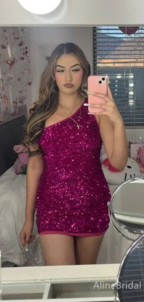 Sparkly Purples Sequins One SHoulder Short Tight  Homecoming Dress, HD327992