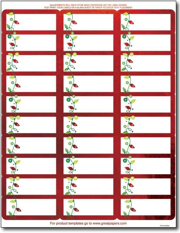 String of Lights Foil Address Labels featuring Christmas lights and a red border over a white background